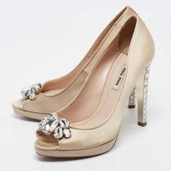 Miu Miu Light Brown Satin Crystal Embellished Heel Peep Toe Platform Pumps Size 39