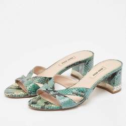 Miu Miu Green/Black Embossed Python Crystal Embellished Slide Sandals Size 37