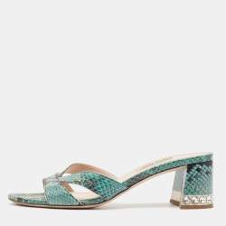 Miu Miu Green/Black Embossed Python Crystal Embellished Slide Sandals Size 37