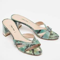 Miu Miu Green/Black Embossed Python Crystal Embellished Slide Sandals Size 37
