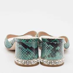 Miu Miu Green/Black Embossed Python Crystal Embellished Slide Sandals Size 37