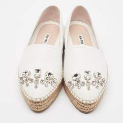 Miu Miu White Leather Crystal Embellished Espadrille Loafers Size 39 