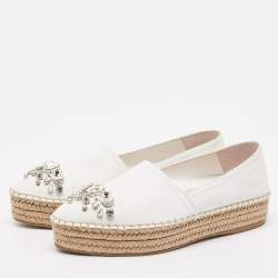 Miu Miu White Leather Crystal Embellished Espadrille Loafers Size 39 