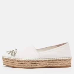 Miu Miu White Leather Crystal Embellished Espadrille Loafers Size 39 