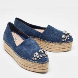 Miu Miu Blue Denim Crystal Embellished Cap Toe Platform Espadrilles Size 38