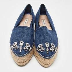 Miu Miu Blue Denim Crystal Embellished Cap Toe Platform Espadrilles Size 38