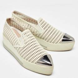 Miu Miu Off White Perforated Leather Metal Cap Toe Slip On Sneakers Size 38.5