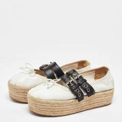 Miu Miu White/Black Leather Mary Jane Bow Platform Espadrille Ballet Flats Size 38.5