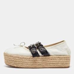 Miu Miu White/Black Leather Mary Jane Bow Platform Espadrille Ballet Flats Size 38.5