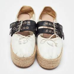 Miu Miu White/Black Leather Mary Jane Bow Platform Espadrille Ballet Flats Size 38.5