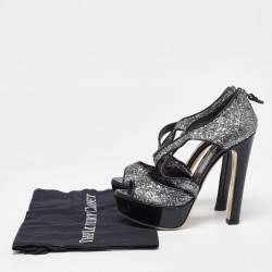 Pre Owned Miu Miu Metallic Grey Coarse Glitter Platform Sandals Size 38.5