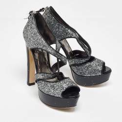 Pre Owned Miu Miu Metallic Grey Coarse Glitter Platform Sandals Size 38.5