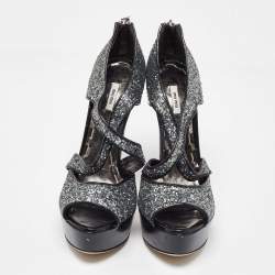 Pre Owned Miu Miu Metallic Grey Coarse Glitter Platform Sandals Size 38.5