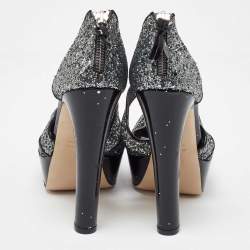 Pre Owned Miu Miu Metallic Grey Coarse Glitter Platform Sandals Size 38.5