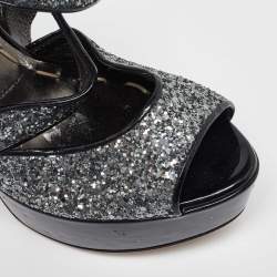 Pre Owned Miu Miu Metallic Grey Coarse Glitter Platform Sandals Size 38.5