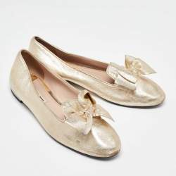 Miu Miu Gold Leather Bow Loafers Size 38.5