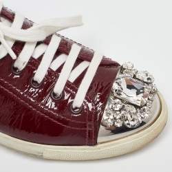 Pre Owned Miu Miu Burgundy Patent Leather Crystal Cap Toe Sneakers Size 37