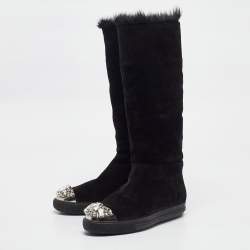 Miu Miu Black Suede And Fur Crystal Embellished Knee Length Boots Size 36