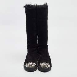 Miu Miu Black Suede And Fur Crystal Embellished Knee Length Boots Size 36