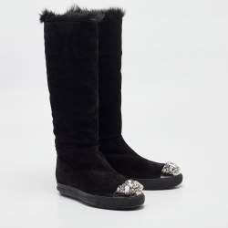 Miu Miu Black Suede And Fur Crystal Embellished Knee Length Boots Size 36