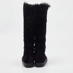 Miu Miu Black Suede And Fur Crystal Embellished Knee Length Boots Size 36