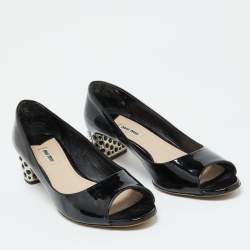 Miu Miu Black Patent Leather Crystal Embellished Block Heel Peep Toe Pumps Size 40.5