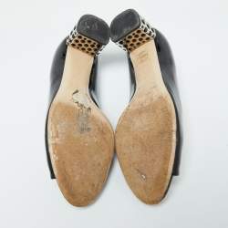Miu Miu Black Patent Leather Crystal Embellished Block Heel Peep Toe Pumps Size 40.5