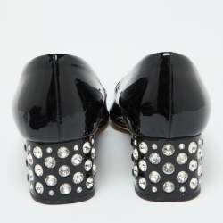 Miu Miu Black Patent Leather Crystal Embellished Block Heel Peep Toe Pumps Size 40.5