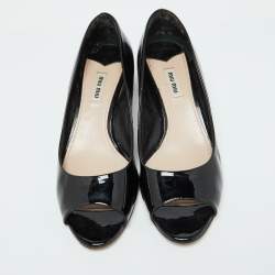Miu Miu Black Patent Leather Crystal Embellished Block Heel Peep Toe Pumps Size 40.5
