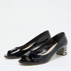 Miu Miu Black Patent Leather Crystal Embellished Block Heel Peep Toe Pumps Size 40.5