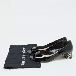 Miu Miu Black Patent Leather Crystal Embellished Block Heel Peep Toe Pumps Size 40.5
