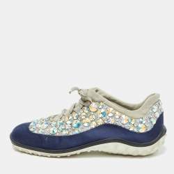 Miu Miu Grey/Blue Satin and Neoprene Astro Crystal Embellished Low Top Sneakers Size 40