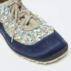Miu Miu Grey/Blue Satin and Neoprene Astro Crystal Embellished Low Top Sneakers Size 40