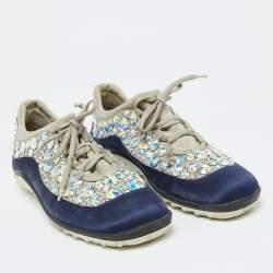 Miu Miu Grey/Blue Satin and Neoprene Astro Crystal Embellished Low Top Sneakers Size 40