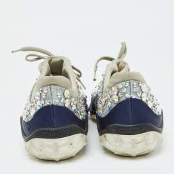 Miu Miu Grey/Blue Satin and Neoprene Astro Crystal Embellished Low Top Sneakers Size 40