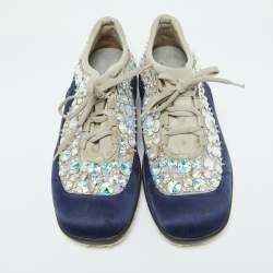 Miu Miu Grey/Blue Satin and Neoprene Astro Crystal Embellished Low Top Sneakers Size 40