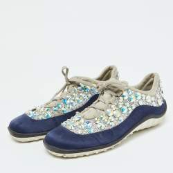 Miu Miu Grey/Blue Satin and Neoprene Astro Crystal Embellished Low Top Sneakers Size 40