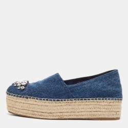 Miu Miu Blue Denim Crystal Embellished Platform Espadrilles Size 40