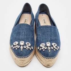 Miu Miu Blue Denim Crystal Embellished Platform Espadrilles Size 40