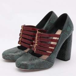 Miu Miu Green/Red Python and Patent Leather Mary Jane Pumps Size 39.5