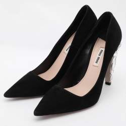 Miu Miu Black Suede Embellished Heel Pointed Toe Pumps Size 36.5