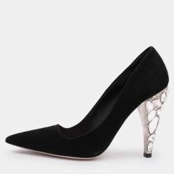 Miu Miu Black Suede Embellished Heel Pointed Toe Pumps Size 36.5