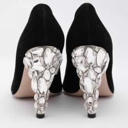 Miu Miu Black Suede Embellished Heel Pointed Toe Pumps Size 36.5