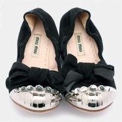 Miu Miu Black Suede Embellished Cap Toe Scrunch Ballet Flats Size 35