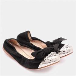 Miu Miu Black Suede Embellished Cap Toe Scrunch Ballet Flats Size 35