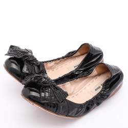 Miu Miu Black Patent Leather Bow Scrunch Ballet Flats Size 35.5