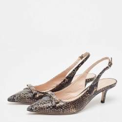 Miu Miu Black/Beige Embossed Snakeskin Bow Slingback Pumps Size 38.5