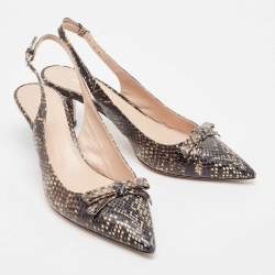 Miu Miu Black/Beige Embossed Snakeskin Bow Slingback Pumps Size 38.5
