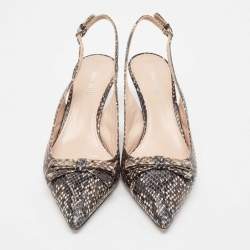 Miu Miu Black/Beige Embossed Snakeskin Bow Slingback Pumps Size 38.5