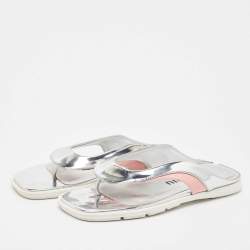 Miu Miu Silver/Pink Leather and Patent Thong Flats Size 36